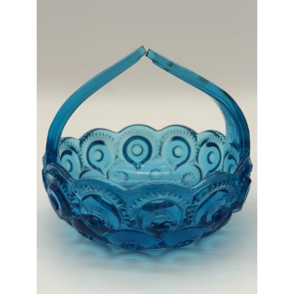 MCM LE Smith Moon & Stars Art glass basket & Candleholder colonial blue Set